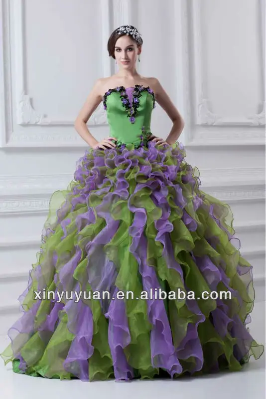 green and purple wedding dress