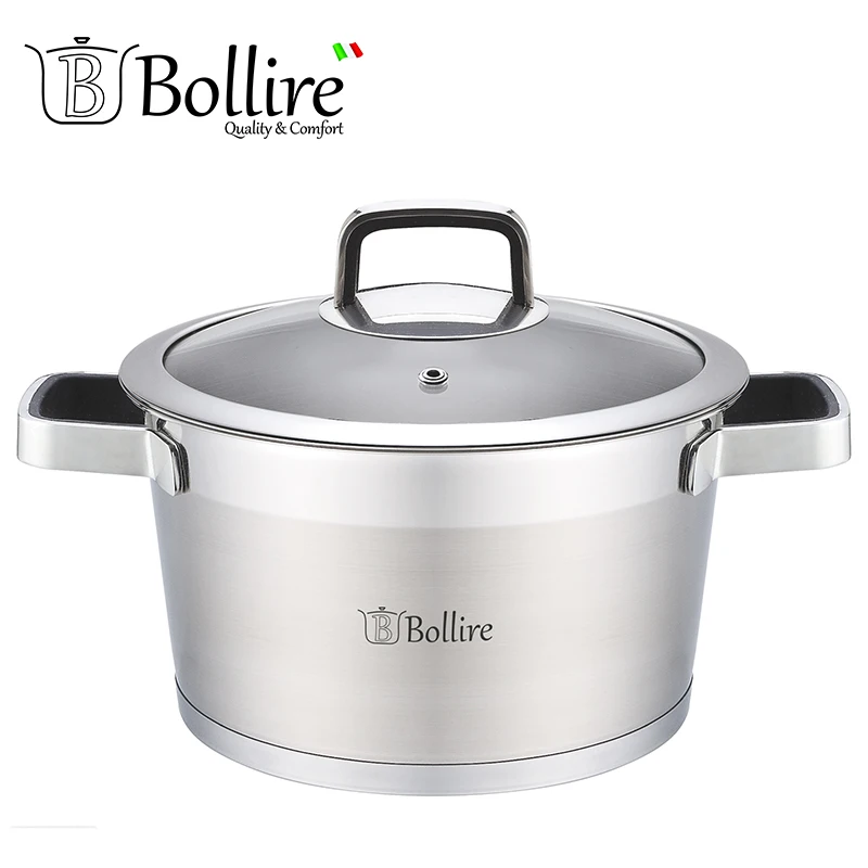 BR-2103 Кастрюля Bollire 3.1 л, Подходит для всех видов плит, включая индукционные, Крышка из термостойкого стекла с отверстием для выпуска пара. Ободок крышки из нержавеющей стали против сколов и трещин