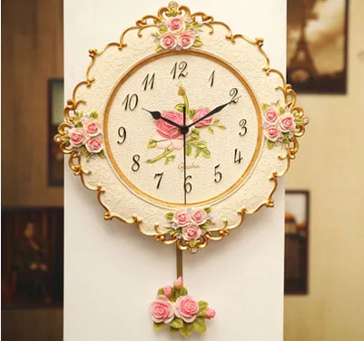 

021025 European wall clock roses fashion art creative living room bedroom mute clock resin clocks,saat,orologio,parete,morden