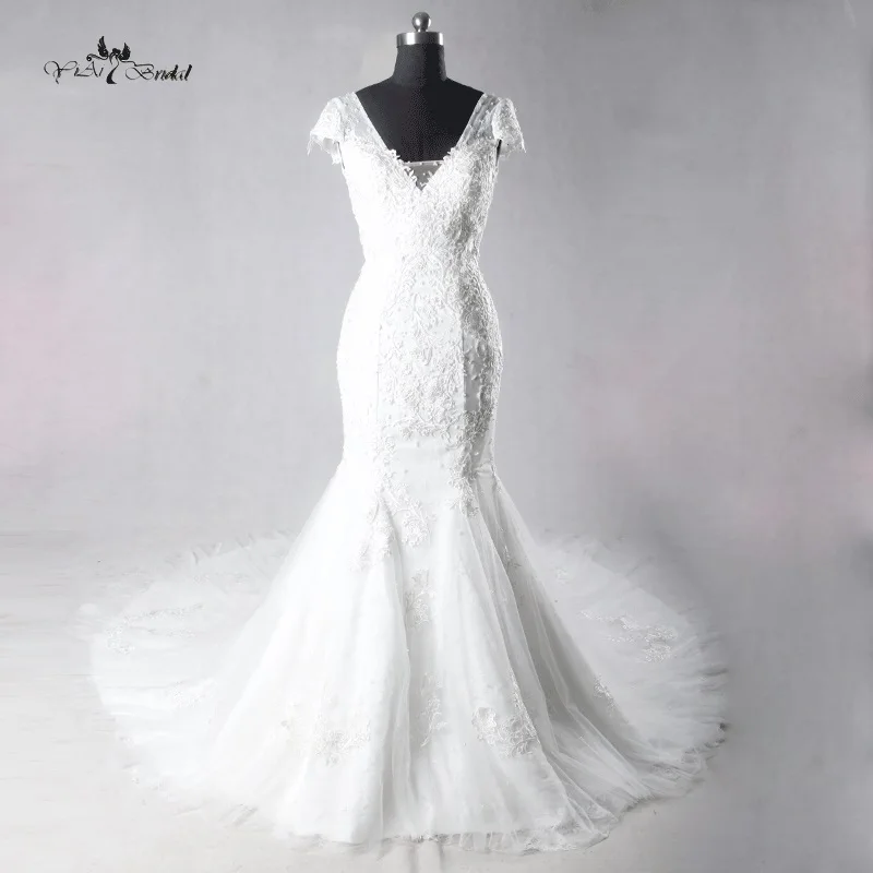 Tw0211 реальные фотографии кружевные цветы Sexy V Назад Vestido Винтаж длинным шлейфом русалки Vestidos De Noiva