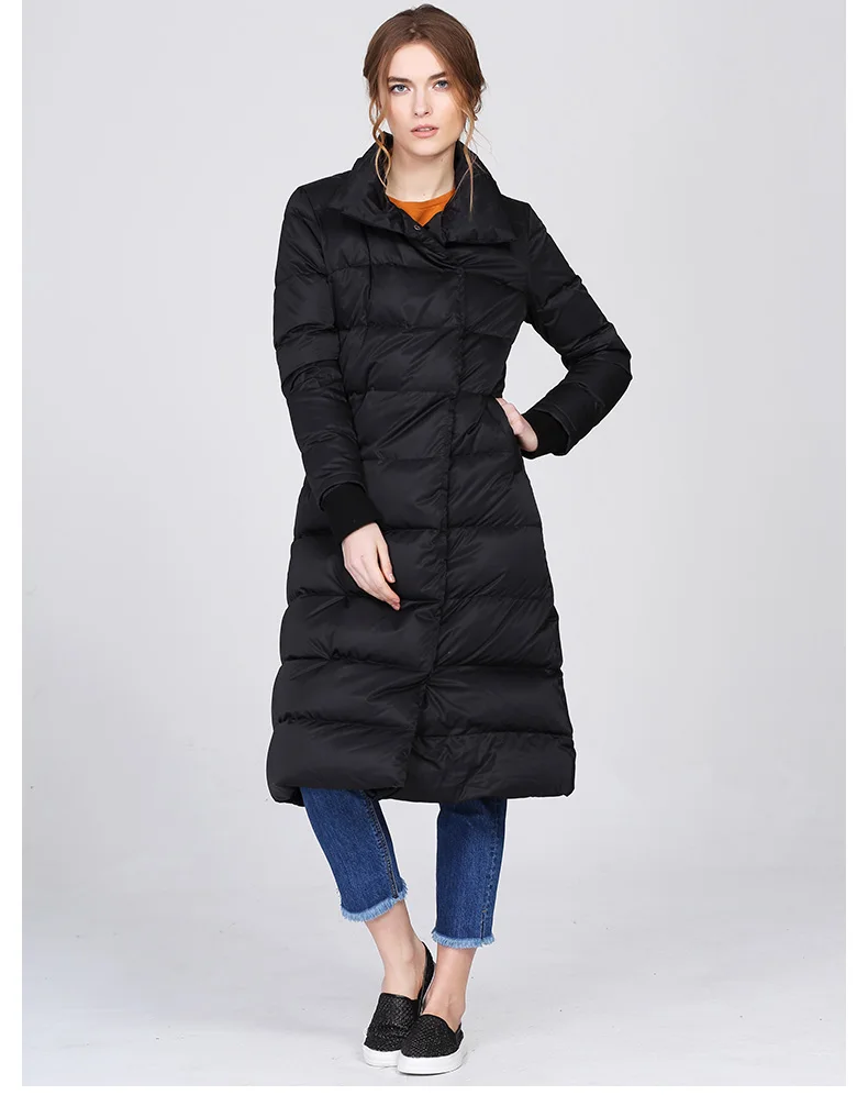 2016 женский однотонный тонкий длинный пуховик с отложным воротником утепленный