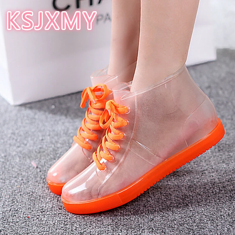 

fashion Women Transparent Rain Boots Rubber Lace Up Women Ankle Boots Waterproof Casual Comfort Ladies Martin Boots Water Shoes
