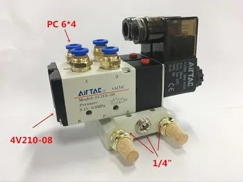 

1/4" Inch Airtac 4V210-08 5 Way 2 Solenoid Valve Connected Mufflers Base 6mm 8mm Quick Fittings Set DC 12V 24V AC 110V 220V