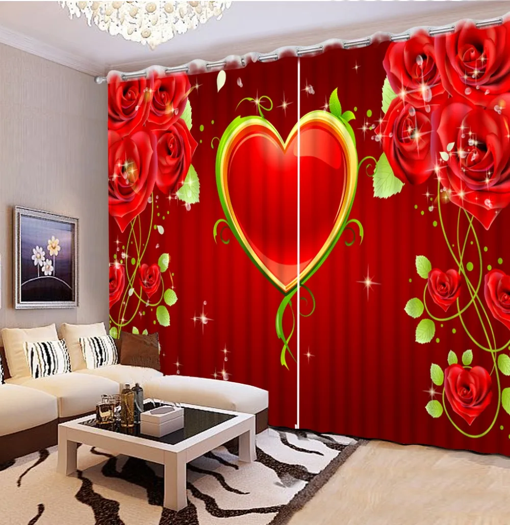 

Fashion 3D Home Decor beautiful window curtain styles for bedrooms red rose flower window curtains style