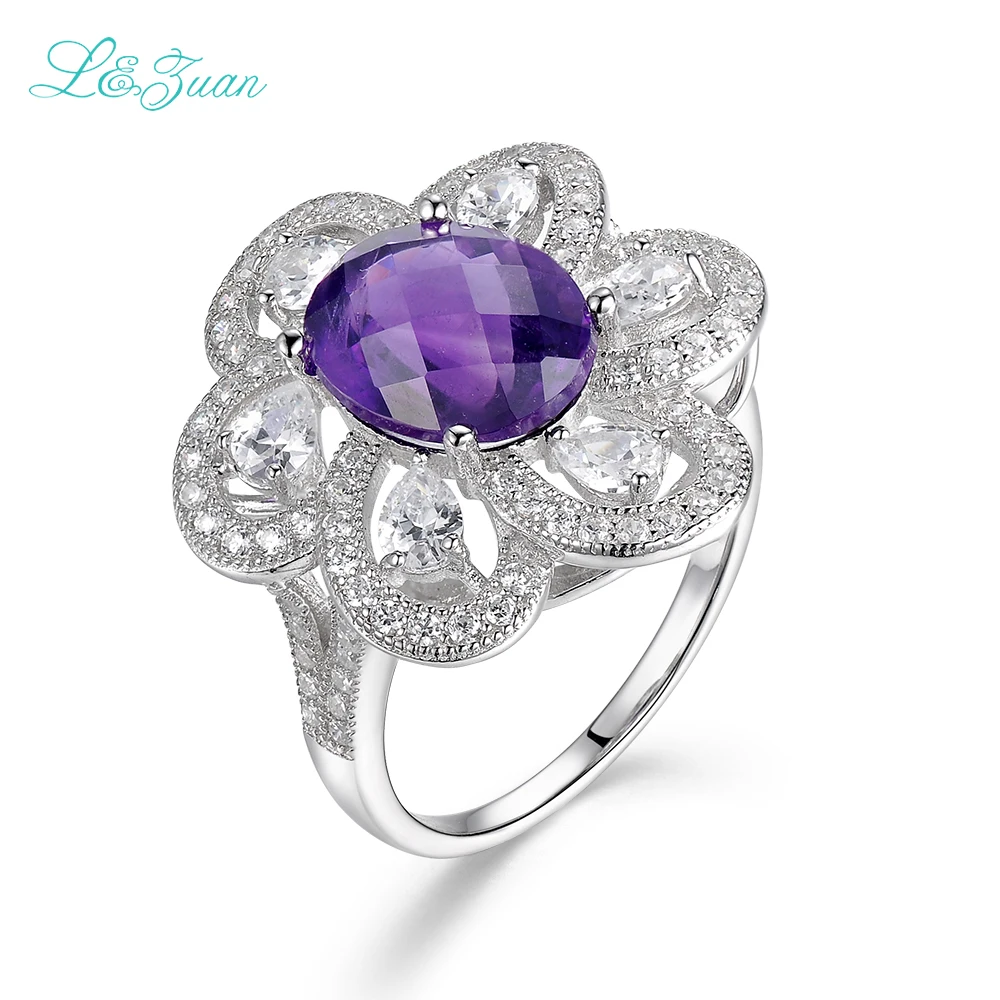 

l&zuan Amethyst S925 Silver Womens Rings Trendy Flower Purple Prong Setting Gemstones Wedding Fine jewelry Party Gift