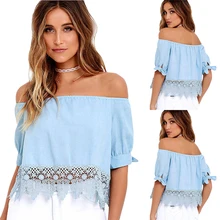 Elegant Blue Off Shoulder Female Blouse Shirt Sexy Summer 2016 Blouse Women Tops Half Sleeve Crochet Lace Blusas Camisa Feminina