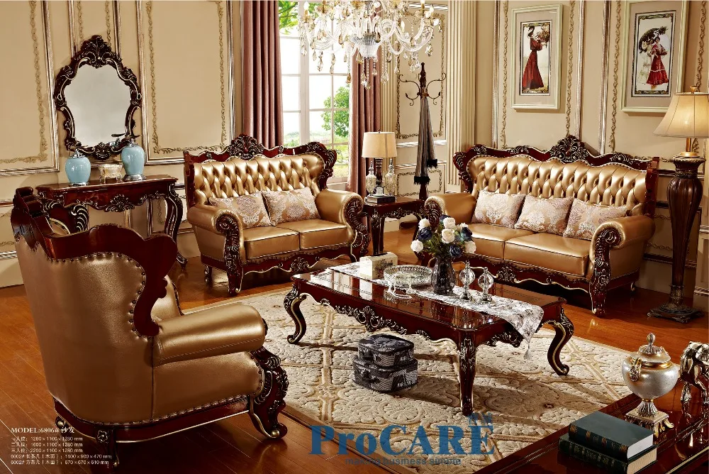 Набор диванов из натуральной кожи золотисто желтого цвета с красной твердой