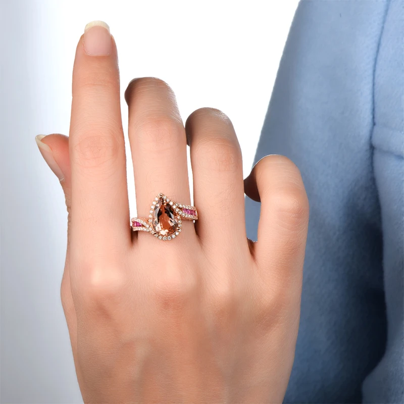 Caimao 18K Rose Gold 2.92 Pear Cut Morganite 0.82ct Diamond & Sapphires Engagement Ring Free shipping