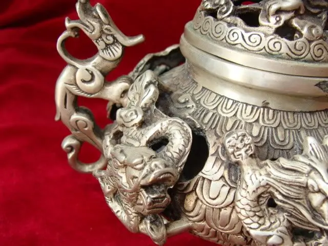 Редкий Старый Ming Dynasty Серебряный курильщик/ладан, резной дракон, с отметкой, лучшая коллекция и украшение