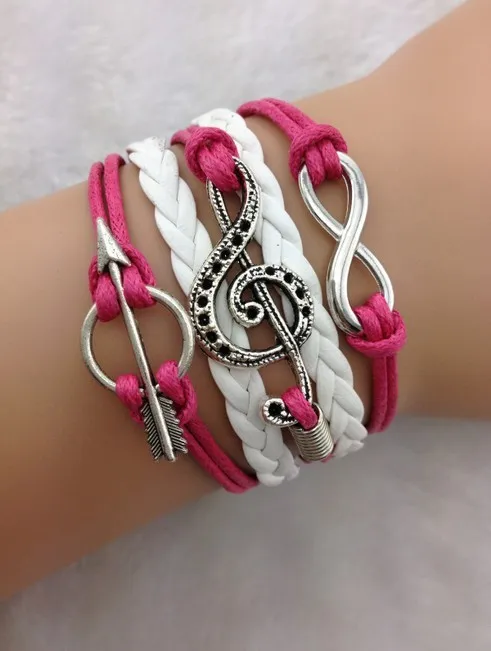Infinity bracelet,music bracelet,arrow bracelet,charm bracelet,pink wax rope white leather braided hipster jewelry bracelet 1774
