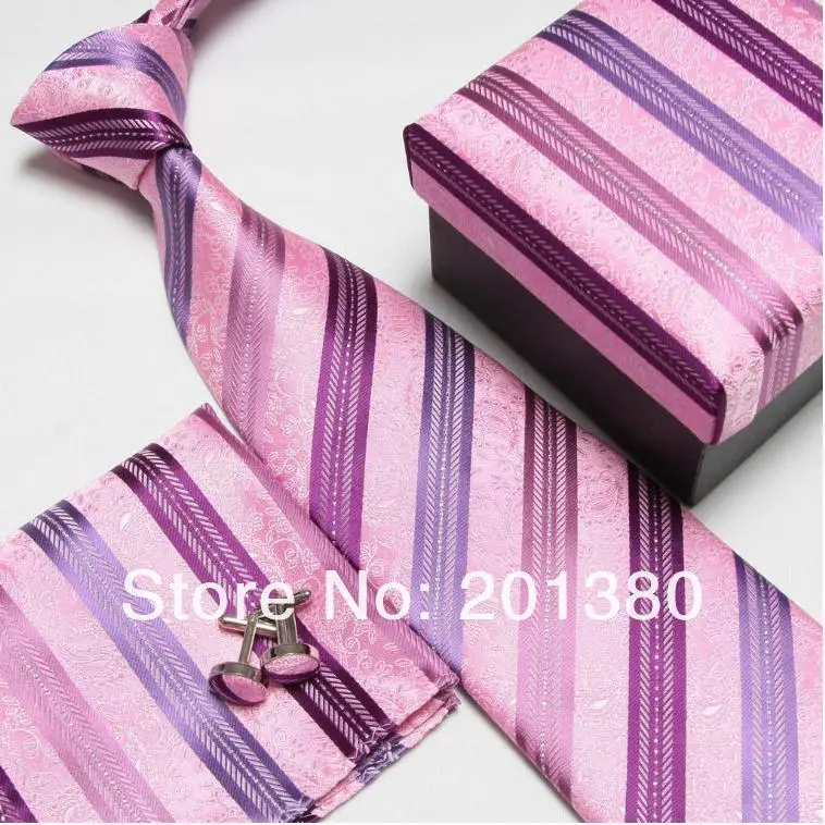 Мужская мода высокого качества полосатый набор галстуков галстуки Запонки hankies шелковые галстуки Запонки карманные носовые платки