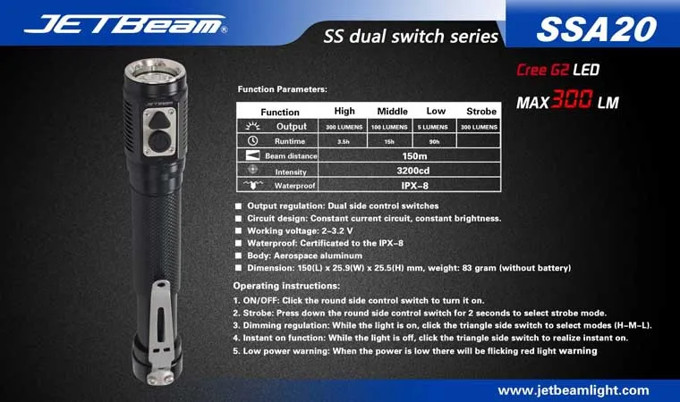 JETBeam SSA20 CREE G2 LED 300 люмен фонарик ежедневно EDC факел Совместимость с 2* АА батареи