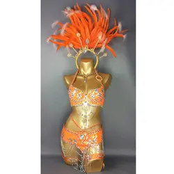 Бесплатная доставка Горячая распродажа! Сексуальная Samba Rio карнавальный костюм Новый живота Танцевальный костюм с orange перо головной убор