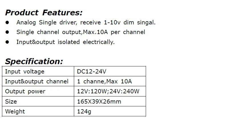 0-10 В LED декодер; DC12-24V вход; 10A* 1CH выход; 0-10 В входного сигнала