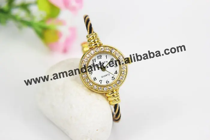 100 шт./лот, стальной проволоки леди Bangle Watch женщина горный хрусталь блеск платье кварцевые часы витая веревка браслет наручные часы