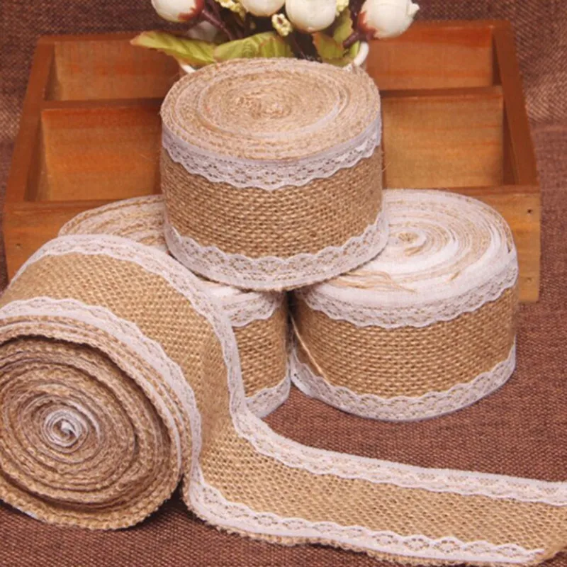 

10meters Natural Jute Burlap Hessian Ribbon with Lace Trims Tape Wedding Decor wedding cake topper decoration