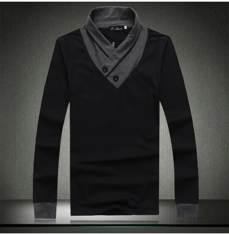 Новая весна и осень Мужская slim fit V шеи Длинные рукава футболка мужская одежда мода черный и темно-серый Основные хлопок футболки D140
