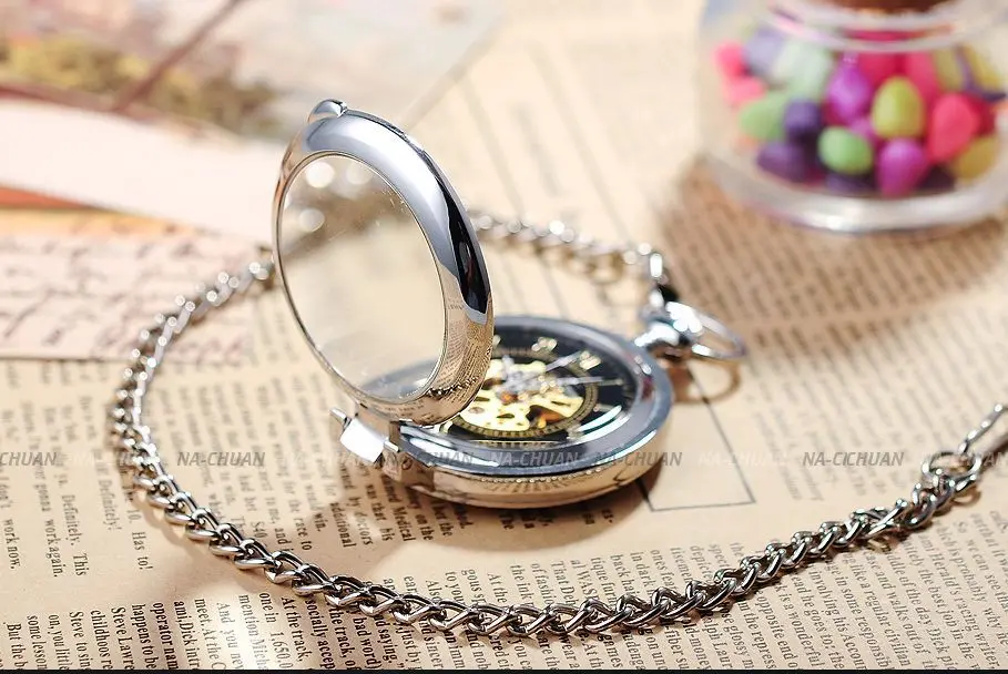 Ретро мода серебристый, черный Лупа случае механическая ручная намотка для мужчин римские аналоговые цепи подарок часы кулон карманные