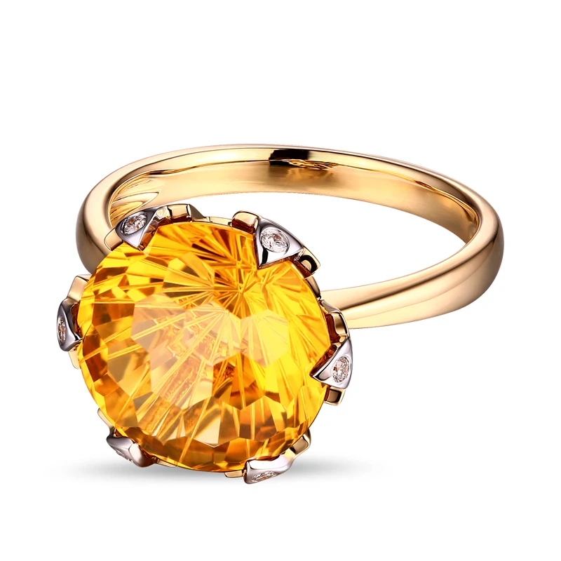 Caimao Jewelry 12mm Round Cut 7.21ct Citrine Ring 14k Gold With Natural Diamond