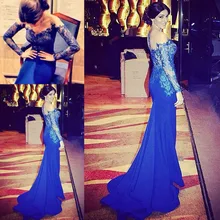 2016 Vintage Langarm Prom Kleid Mit Appliuqes Und Spitze Royal Blue Chiffon Abendkleid Benutzerdefinierte vestido de festa gala jurken