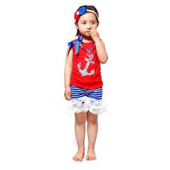 

boutique kid clothes 4th of july summer toddler clothing outfit cotton red tank top stripe short pant lace ruffle girl clothes