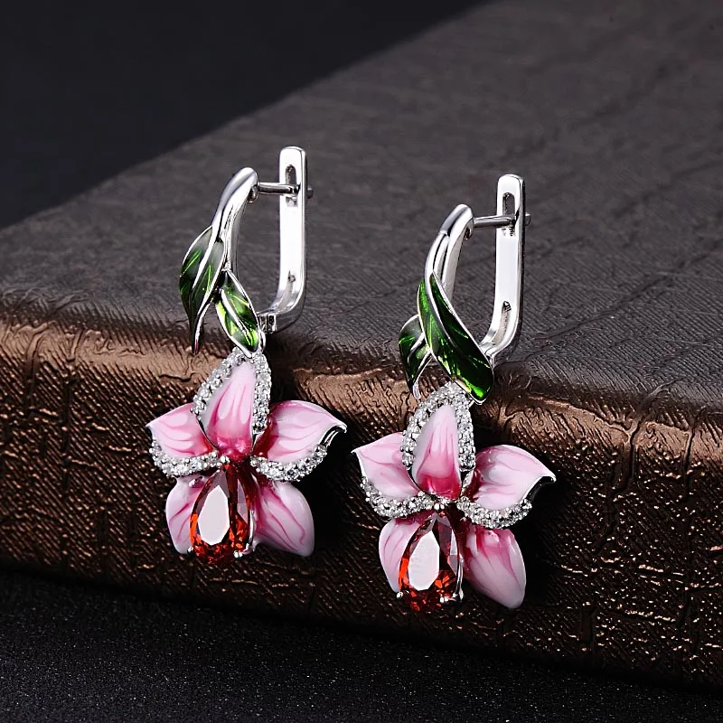 silver pink flower enamel earrings-E303872ENASL925-SV4 - 