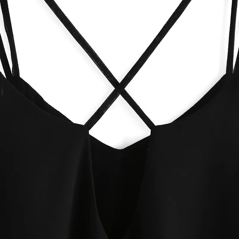 New-Arrival-Plain-Black-Spaghetti-Strap-Lace-V-Neck-Chiffon-Camisole-Cami-Top-Korean-2016-Summer (2)