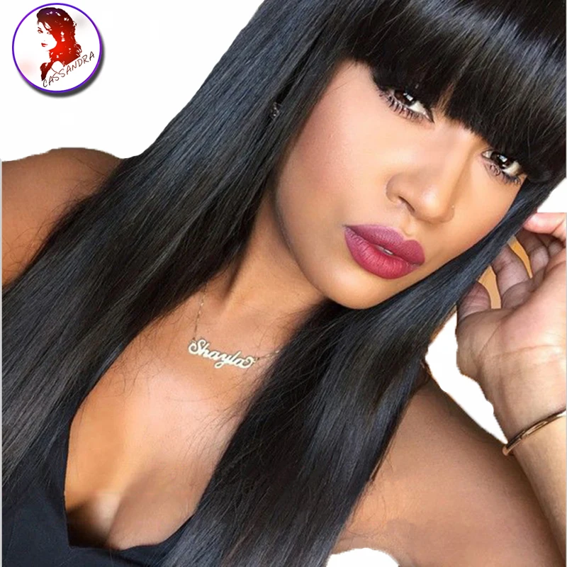 

8A Straight Wigs With Bangs 180% Density Full Lace Brazilian Virgin Hair Silky Straight With Baby Hair For Black Women Bangs