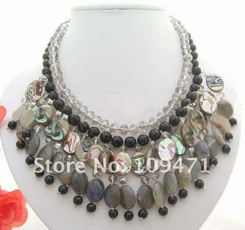 2Strds Crystal& Labradorite& Onyx& Paua Abalone Shell Neck