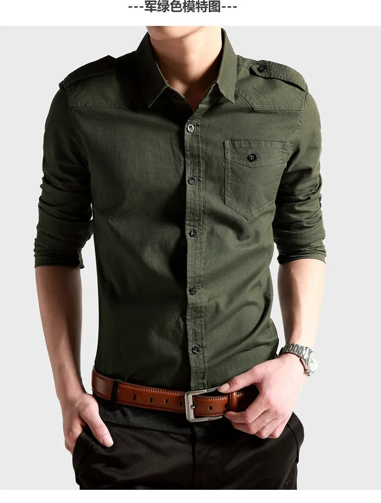 Мужская повседневная хлопковая рубашка, мужские армейские облегающие рубашки с длинным рукавом, военные рубашки хаки зеленого цвета, мужские рубашки в стиле милитари