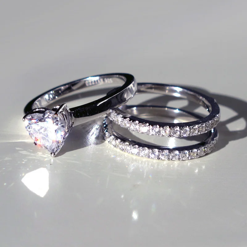 Luxury 925 Sterling Silver Love Heart Wedding Ring Created Diamond Luxury 925 Sterling Silver Love Heart Wedding Ring Created Diamond Full Stone Engagement 3 Per Set In Rings From Jewelry Accessories On