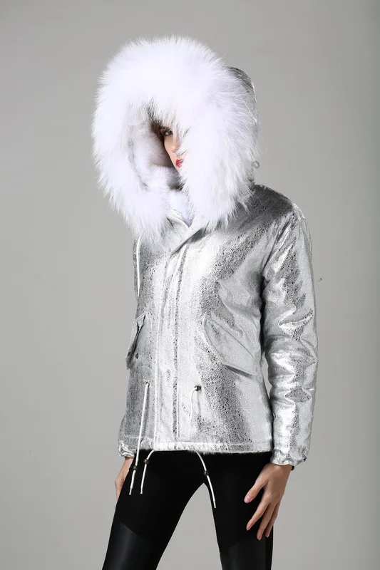 Women Fur Hooded Parka Padded Eal Fur Parka Silver Foil White Faux Fur Lined Parka with Natural Mr Mrs Fur Coat Parka