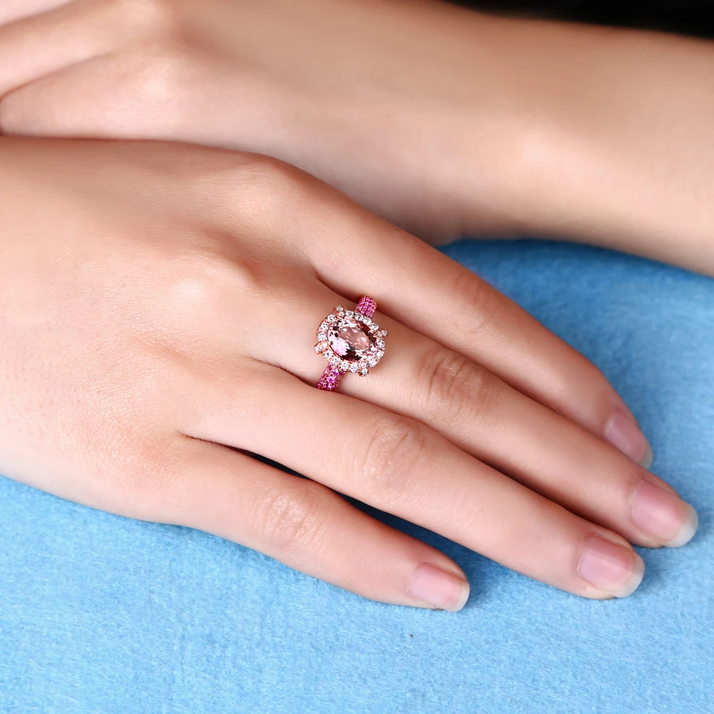 CaiMao 14KT/585 Rose Gold 0.59ct Round Cut Diamond 0.54ct Pink Sapphire 1.79ct Natural Morganite Engagement Ring Jewelry