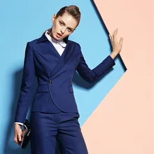 Заказ королевский синий Для женщин Бизнес Костюмы формальные офис Брюки для девочек Костюмы Повседневная обувь Дамы одна кнопка костюм