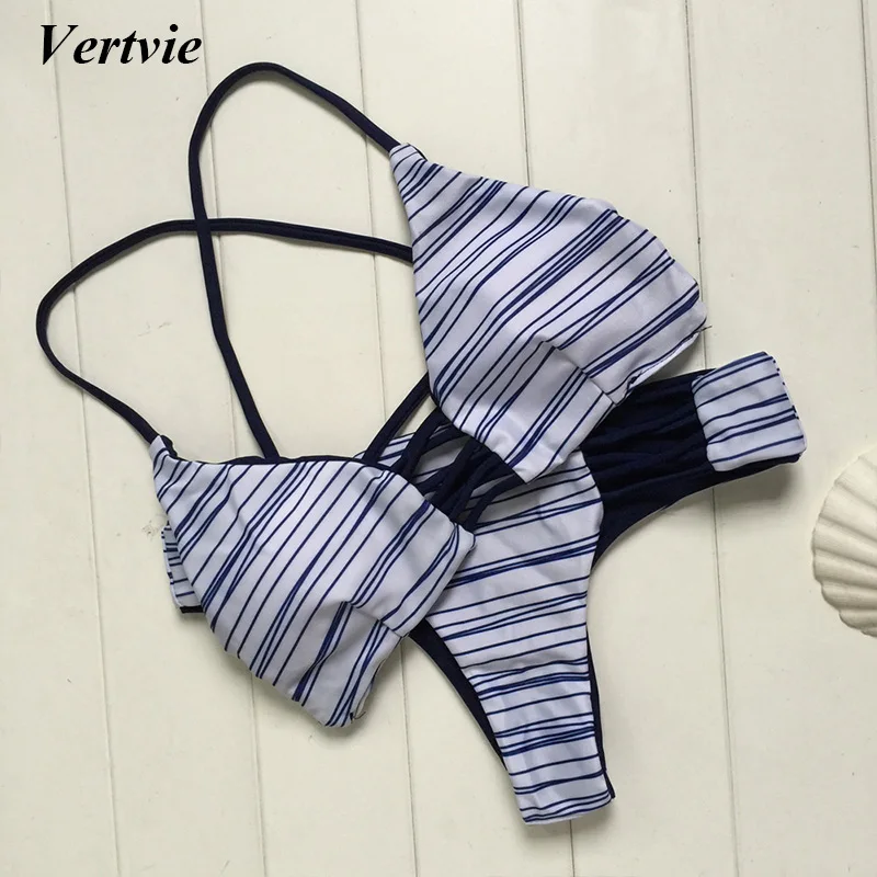 

Vertvie Sexy Cross Strap Bikini Set Blue Striped Hollow Out Push Up Patchwork Swimwear Summer Beach Party Bathing Swim Suit 2017