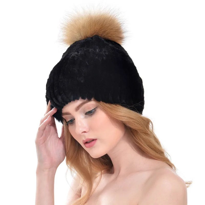 New Fashion Natural Fur Caps Women Real Rex Rabbit Fur Hat With Fur Raccoon Fur Pom Poms Knit Caps LH344 - Цвет: color 2