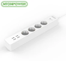 NTONPOWER Smart USB Power Strip Socket EU Plug Overload Switch Surge Protector 4 Outlet with USB Charger 4 Ports-1.5M Power Cord