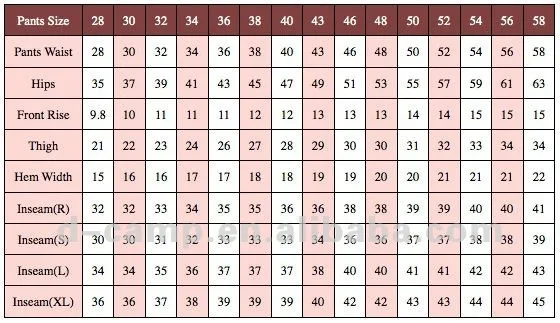 European Pants Size Chart