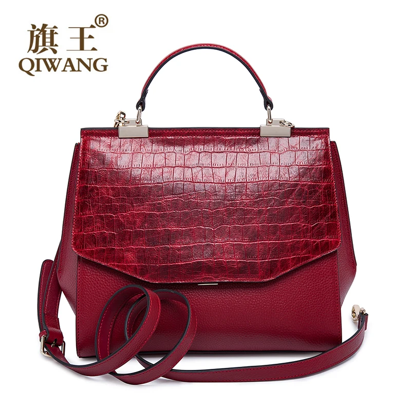 QIWANG Wine Leather Bag 100 Genuine leather Handbags Brand Design Woman Vintage Luxurious