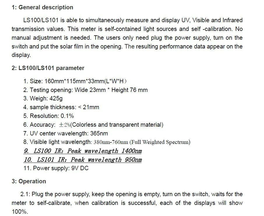 LS101 измеритель передачи солнечной пленки тестер УФ 365nm, VL 380-760nm, ИК центр волны 950nm