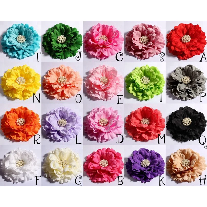 5pcs/lot 11cm 20colors Hair Clip Peony Flowers+ Rhinestone Pearl Buttons For Kids Hair Accessories Fabric Flowers For Headband