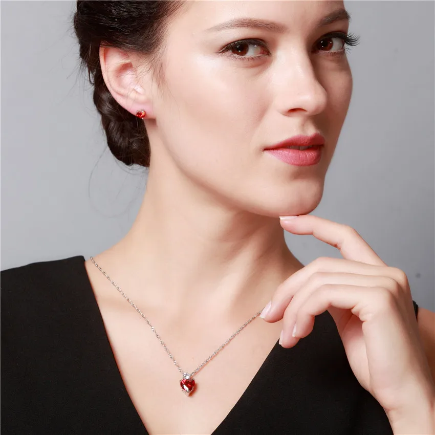 Almei 5% Off Дубай серебряные Ювелирные наборы с красными фиолетовыми камнями женская свадебная любовь, сердце, кубический циркон серьги цирконовые ожерелье цепь BME53