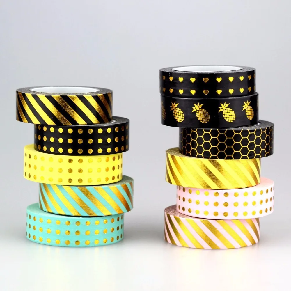 

15mm x 10m gold foil stamps tape, pineapple polka dots stripes, gold yellow washi tape