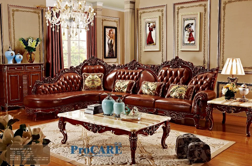 red solid wood genuine leather corner sofa set / L shape sofa set living room furniture with marble surface's coffee table-6811