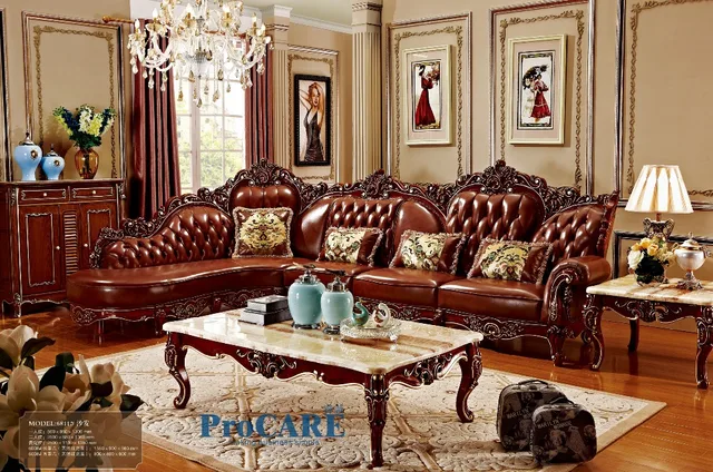 red solid wood genuine leather corner sofa set / L shape