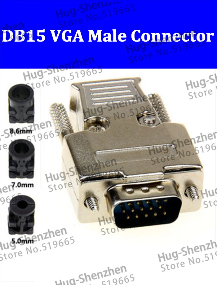 

Top D-Sub 15-pin DB15 VGA 3 row plug (male) solid pin module + removable metal shell cover housing--5pcs/lot