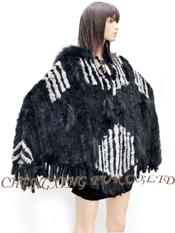 CX-B-110B Large Knit Rabbit Fur Poncho Shawl With Hood ~ DROP SHIPPING 