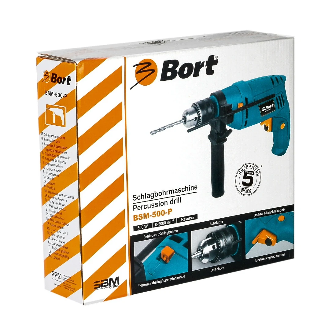 Дрель ударная Bort BSM-500-P(Мощность 500 Вт, регулировка скорости, ключевой патрон, реверс