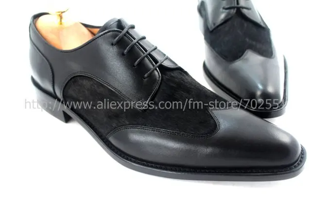 Free shipping adhesive craft handmade pure genuine calf leather men's dress/classic derby color black/horse hair shoe No.D56