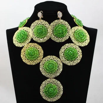 

Romantic Nigerian Green Fashion Necklace Earrings Set Crystal Beaded Plate Chunky Pendant Necklace Set Free Shipping WA946